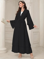 Solid Color Tie Waist Modest Dress, Elegant Layered Hem Maxi Length Dress With Hijab, Women's Clothing