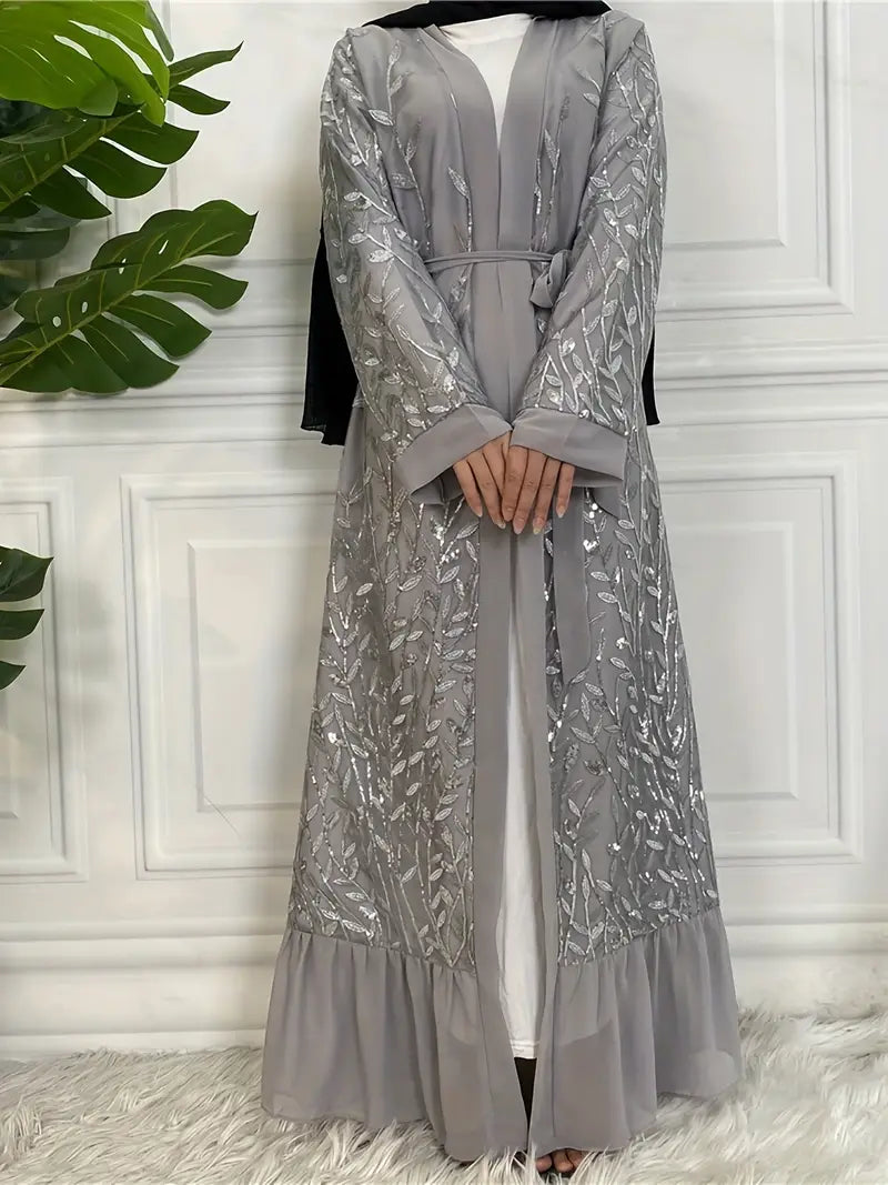 Elegant Sheer Tulle & Golden Sequin Robe with Floral Embroidery - Long Sleeve Belted Party Abaya for Women, Machine Washable Spring/Fall Formal Attire