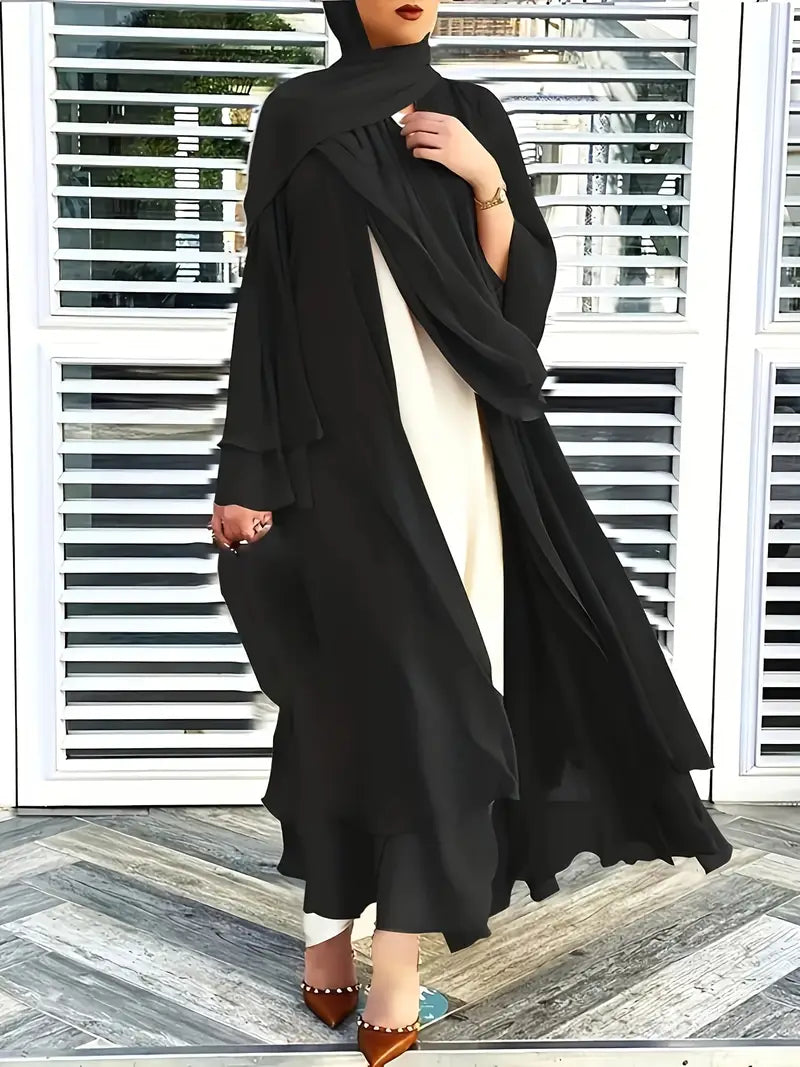Solid Color Tie Waist Modest Dress, Elegant Layered Hem Maxi Length Dress With Hijab, Women's Clothing
