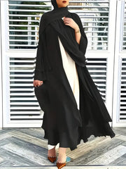 Solid Color Tie Waist Modest Dress, Elegant Layered Hem Maxi Length Dress With Hijab, Women's Clothing