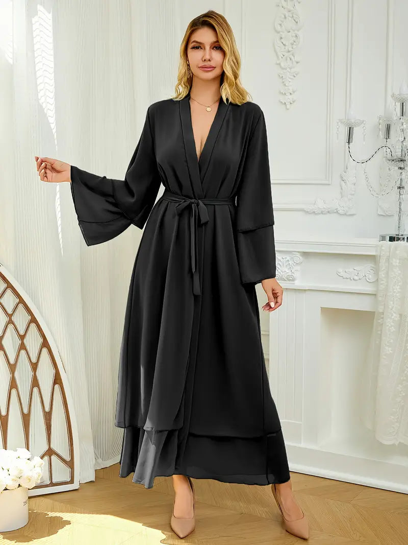 Solid Color Tie Waist Modest Dress, Elegant Layered Hem Maxi Length Dress With Hijab, Women's Clothing