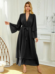 Solid Color Tie Waist Modest Dress, Elegant Layered Hem Maxi Length Dress With Hijab, Women's Clothing