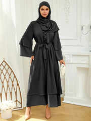 Solid Color Tie Waist Modest Dress, Elegant Layered Hem Maxi Length Dress With Hijab, Women's Clothing