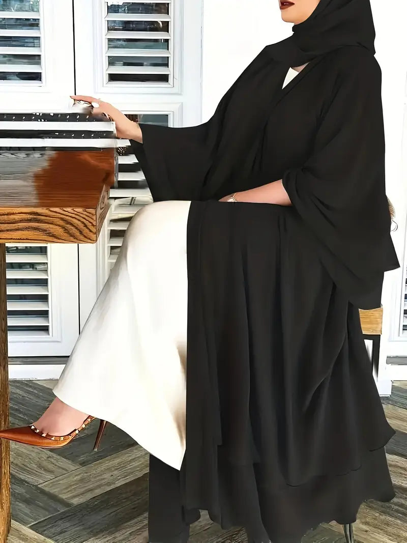 Solid Color Tie Waist Modest Dress, Elegant Layered Hem Maxi Length Dress With Hijab, Women's Clothing