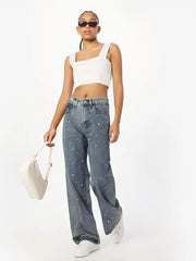 Women's Vintage Pearl-Embellished Straight Leg Denim Jeans - Light Wash, Loose Fit, Casual Style, Cotton Material, All-Season Wear