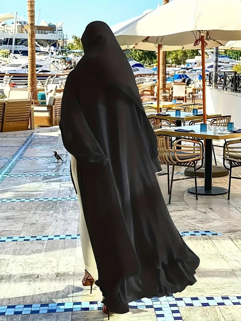 Solid Color Tie Waist Modest Dress, Elegant Layered Hem Maxi Length Dress With Hijab, Women's Clothing