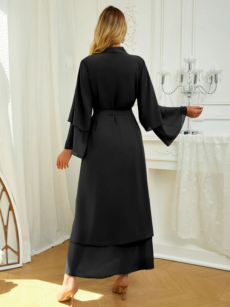 Solid Color Tie Waist Modest Dress, Elegant Layered Hem Maxi Length Dress With Hijab, Women's Clothing