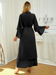 Solid Color Tie Waist Modest Dress, Elegant Layered Hem Maxi Length Dress With Hijab, Women's Clothing