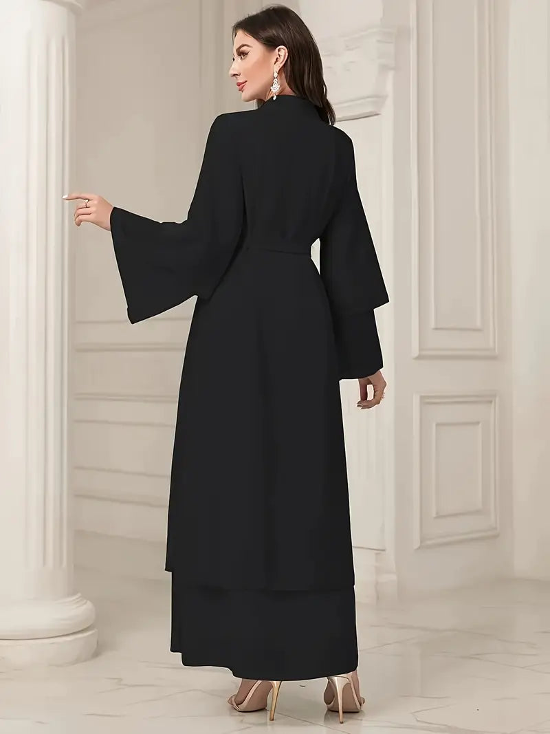 Solid Color Tie Waist Modest Dress, Elegant Layered Hem Maxi Length Dress With Hijab, Women's Clothing
