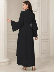 Solid Color Tie Waist Modest Dress, Elegant Layered Hem Maxi Length Dress With Hijab, Women's Clothing
