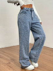 Blue Denim Women's Wide-Leg Pants - Non-Stretch Fabric, Machine Washable, All-Season Comfort, Casual Style, Pearl Studs, Rayon Viscose Blend