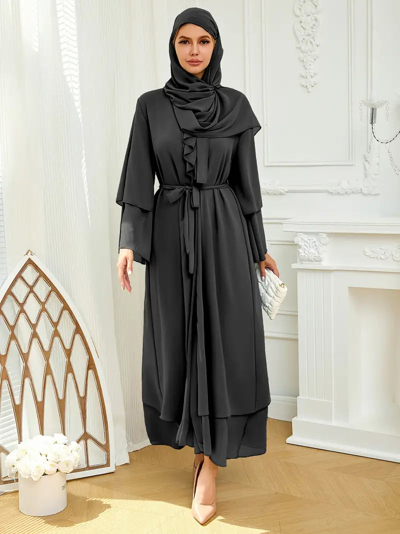 Solid Color Tie Waist Modest Dress, Elegant Layered Hem Maxi Length Dress With Hijab, Women's Clothing