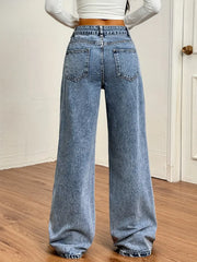 Blue Denim Women's Wide-Leg Pants - Non-Stretch Fabric, Machine Washable, All-Season Comfort, Casual Style, Pearl Studs, Rayon Viscose Blend