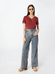 Women's Vintage Pearl-Embellished Straight Leg Denim Jeans - Light Wash, Loose Fit, Casual Style, Cotton Material, All-Season Wear
