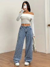 Blue Denim Women's Wide-Leg Pants - Non-Stretch Fabric, Machine Washable, All-Season Comfort, Casual Style, Pearl Studs, Rayon Viscose Blend