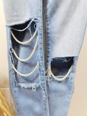Vintage 00s Light Blue Pearl Embellished Ripped Open Cut Out Denim High Waist Super Stretch Skinny Leg Pants Jeans Sz 6 Small