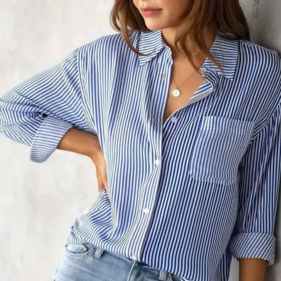 blue-stripped shirt bottom down front button casual collared long sleeves