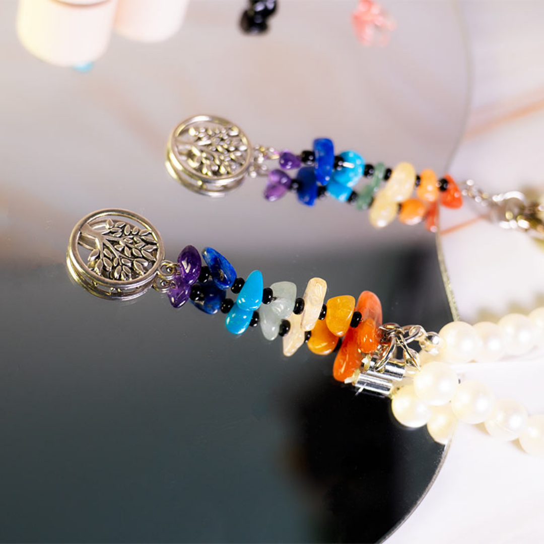 Phone Charm/Bracelet with 7 Chakra Stones and a Tree of Life Pendant