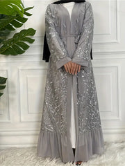 Elegant Sheer Tulle & Golden Sequin Robe with Floral Embroidery - Long Sleeve Belted Party Abaya for Women, Machine Washable Spring/Fall Formal Attire