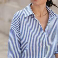 blue-stripped shirt bottom down front button casual collared long sleeves