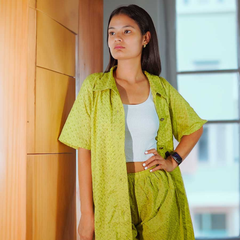 Embroidered green color shirt and short, front button half sleeves