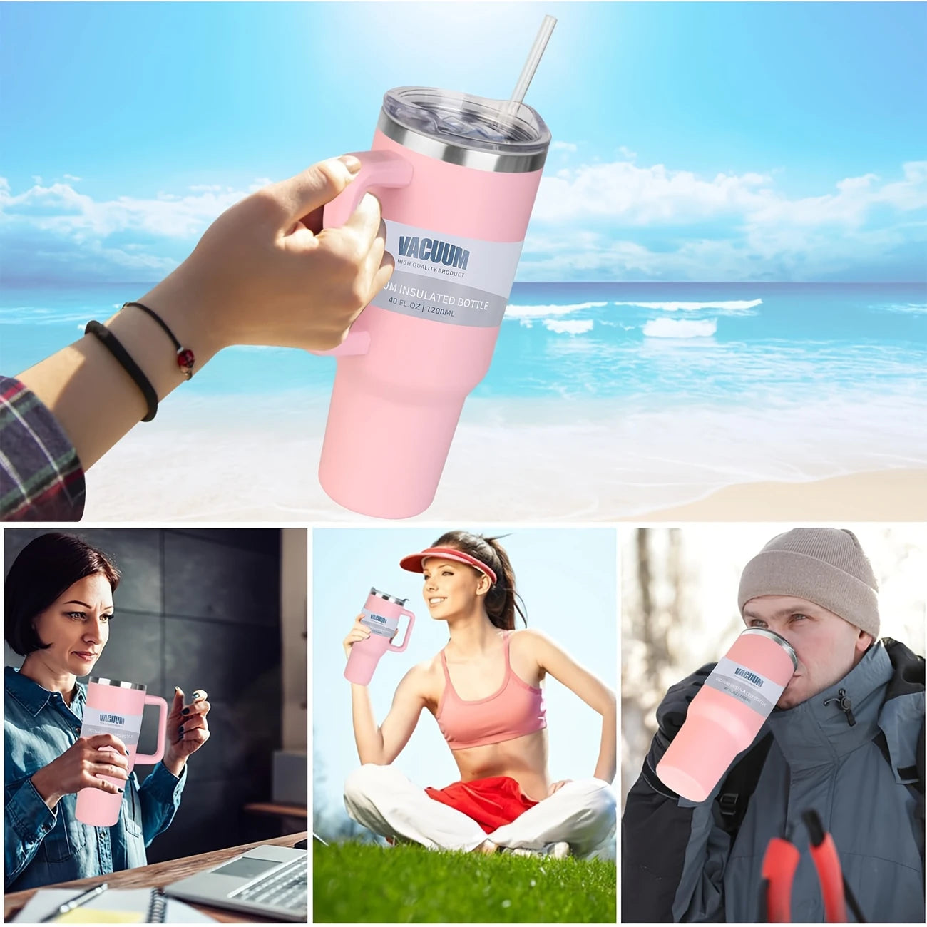 40.1oz Stanely Tumbler with Handle Full set, Lid & Straw -Double-Wall Insulated Stainless Steel Keeps Drinks Hot or Cold for 24 Hours - Perfect for Iced Tea, Coffee, Camping, Travel & Fitness - Fitness Hydration | Modern Tumbler | Durable Tumbler