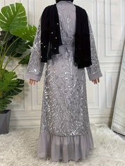 Elegant Sheer Tulle & Golden Sequin Robe with Floral Embroidery - Long Sleeve Belted Party Abaya for Women, Machine Washable Spring/Fall Formal Attire