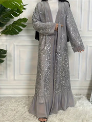 Elegant Sheer Tulle & Golden Sequin Robe with Floral Embroidery - Long Sleeve Belted Party Abaya for Women, Machine Washable Spring/Fall Formal Attire