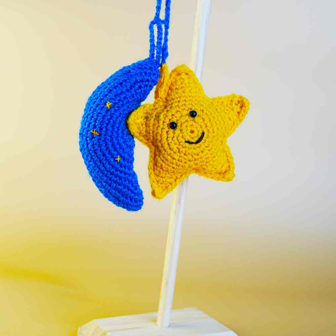 Adorable Crochet Handcrafted Star & Moon Car Interior Decoration Cute Car Mirror Hanger with Refreshing Scent