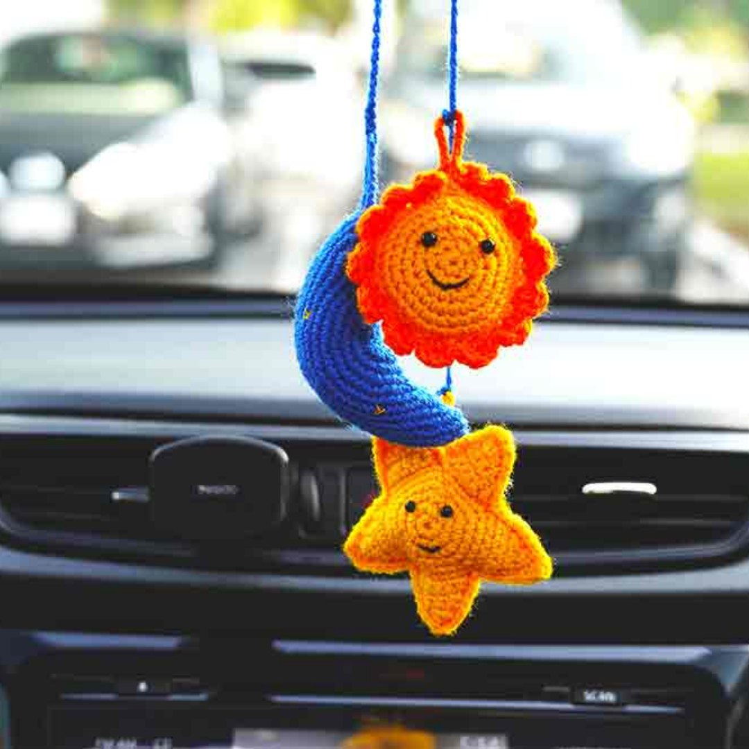 Adorable Crochet Handcrafted Star & Moon Car Interior Decoration Cute Car Mirror Hanger with Refreshing Scent