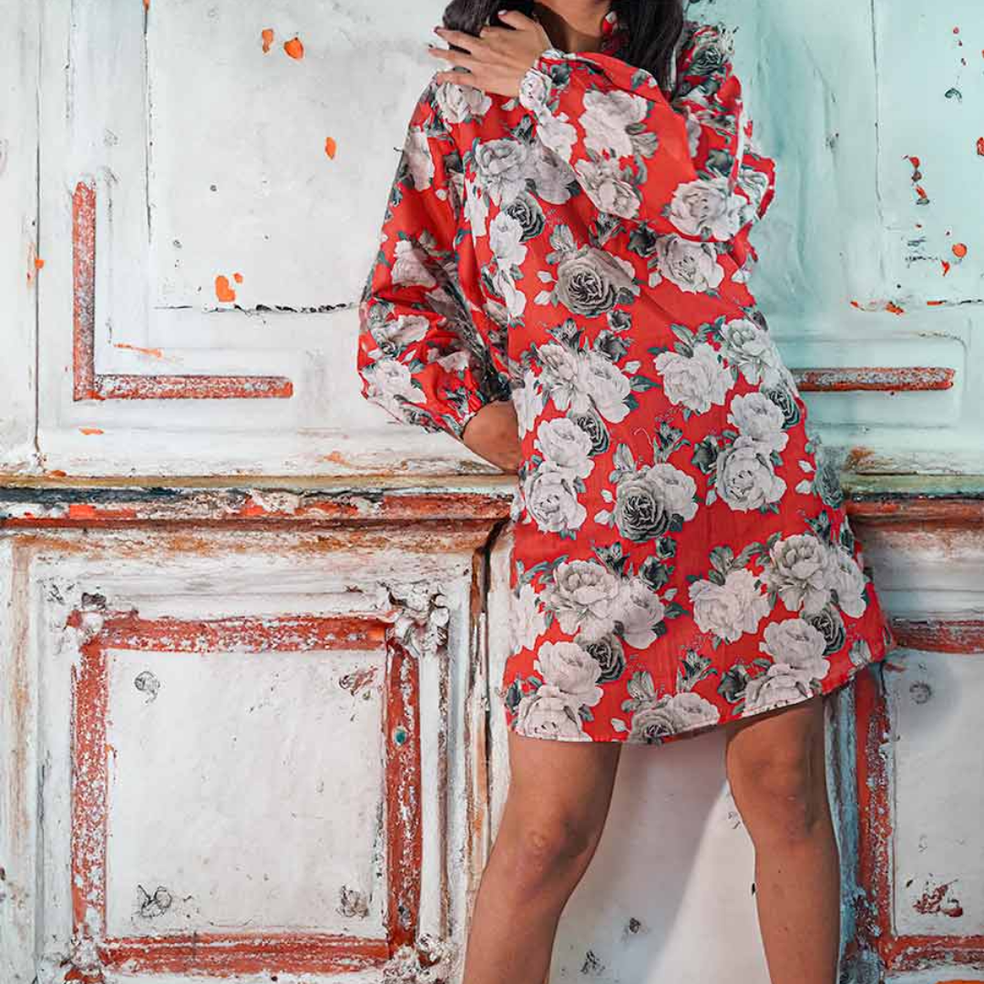 mini dress floral print solid color neckline design long sleeves midi dress