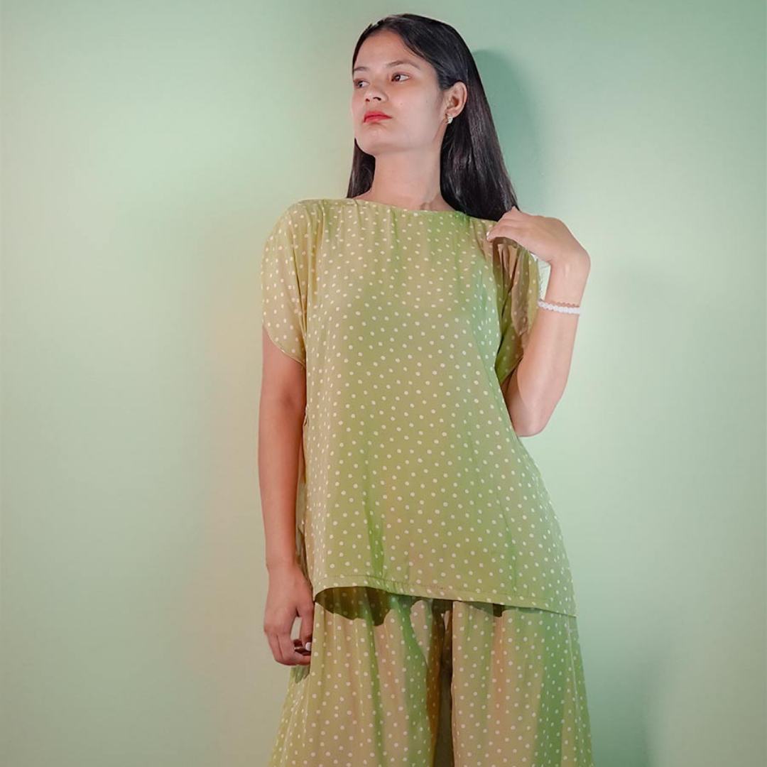 premium soft fabric olive green cord set polka dots loose trouser and loose top with belt drop shoulder design