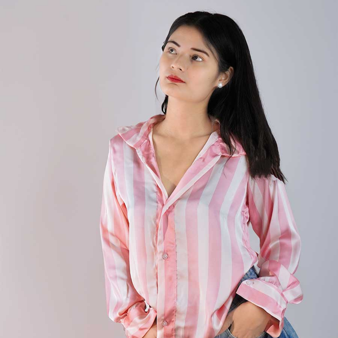 Pink Striped bottom down front button long sleeves casual wear