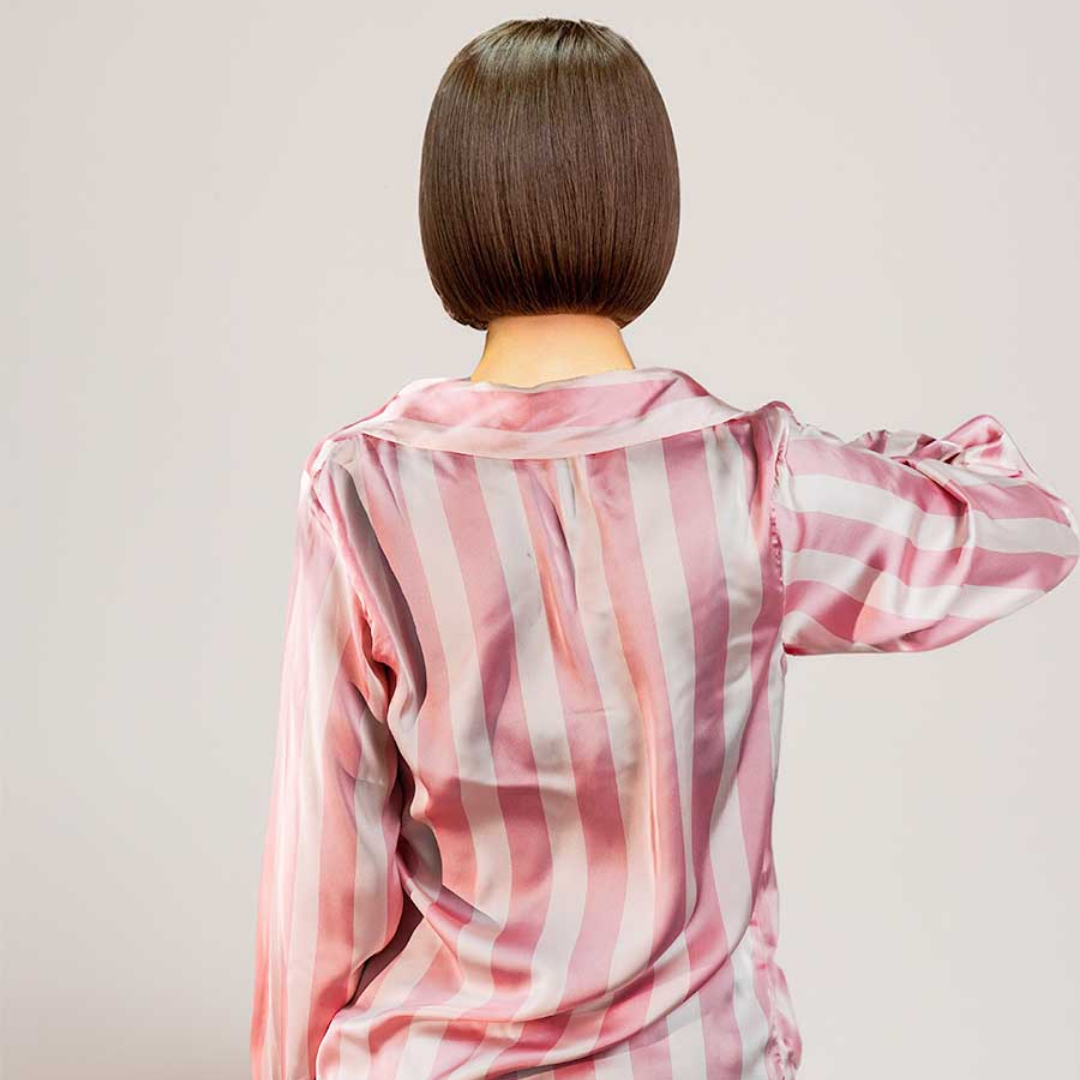 Pink Striped bottom down front button long sleeves casual wear