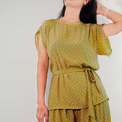 premium soft fabric olive green cord set polka dots loose trouser and loose top with belt drop shoulder design