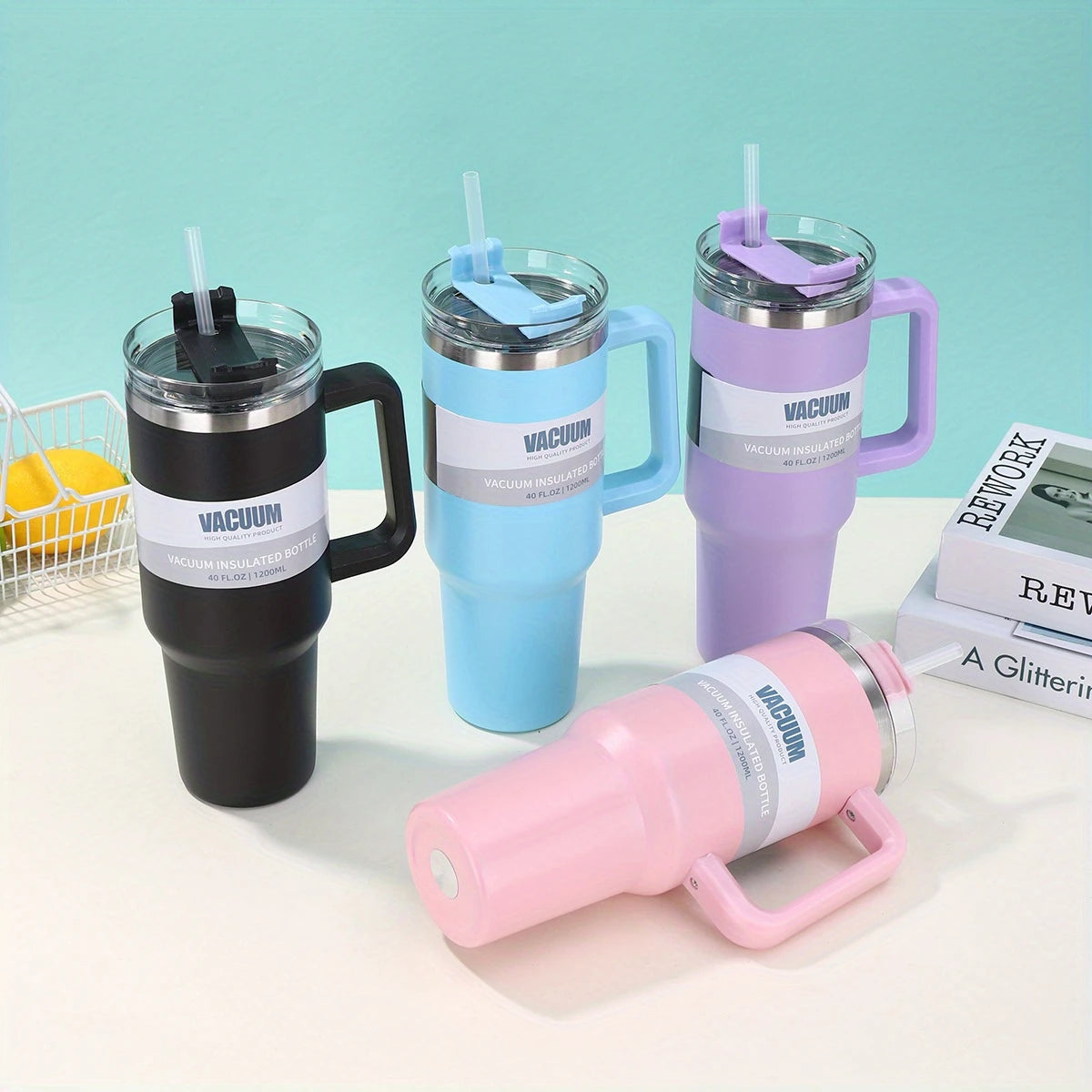 40.1oz Stanely Tumbler with Handle Full set, Lid & Straw -Double-Wall Insulated Stainless Steel Keeps Drinks Hot or Cold for 24 Hours - Perfect for Iced Tea, Coffee, Camping, Travel & Fitness - Fitness Hydration | Modern Tumbler | Durable Tumbler