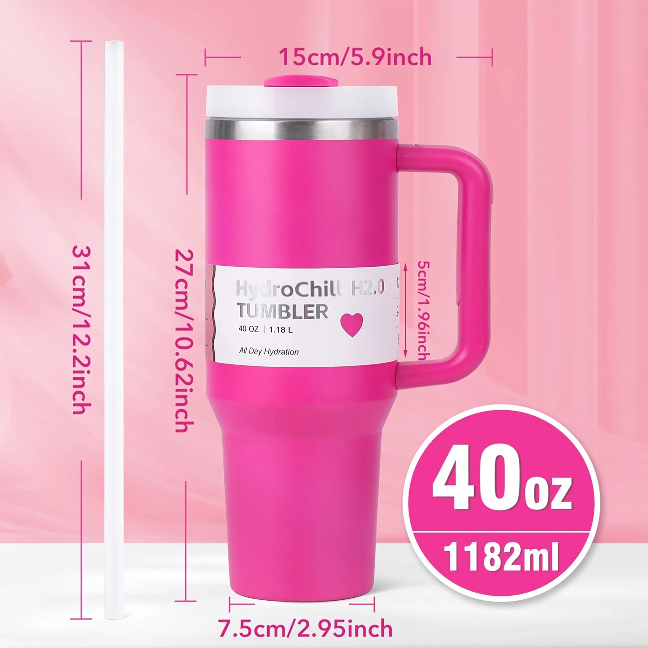 40.1oz Stanely Tumbler with Handle Full set, Lid & Straw -Double-Wall Insulated Stainless Steel Keeps Drinks Hot or Cold for 24 Hours - Perfect for Iced Tea, Coffee, Camping, Travel & Fitness - Fitness Hydration | Modern Tumbler | Durable Tumbler