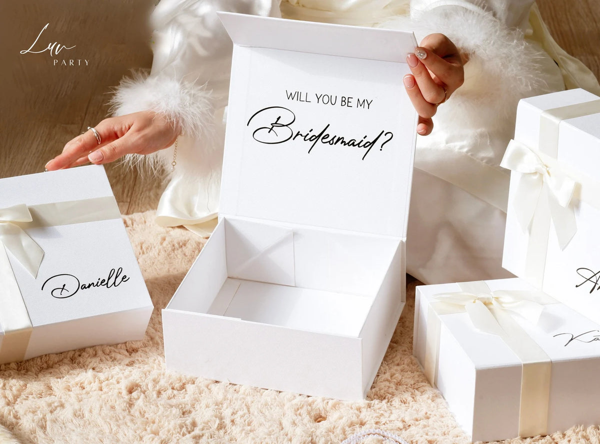 Personalized Ribbon Closure Gift Boxes for Brides and Grooms